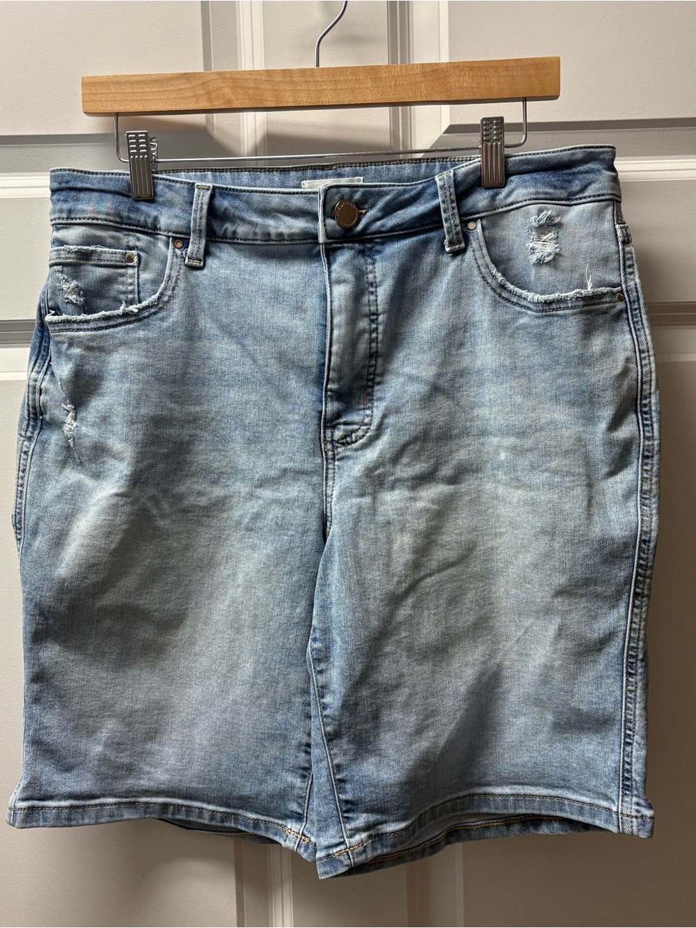 Maurice’s Light Wash Distressed Denim Bermuda Shorts
